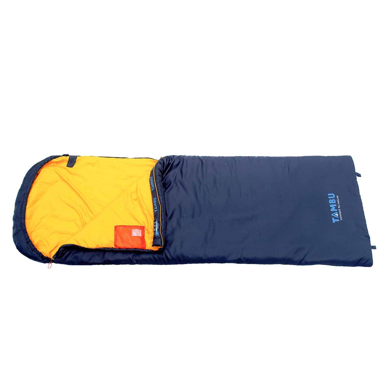 SAYAN Deckenschlafsack 1400 von Tambu Outdoor in dunkelblau mit gelbfarbenem Innenfutter und Logo auf der Vorderseite, teilweise geöffnet