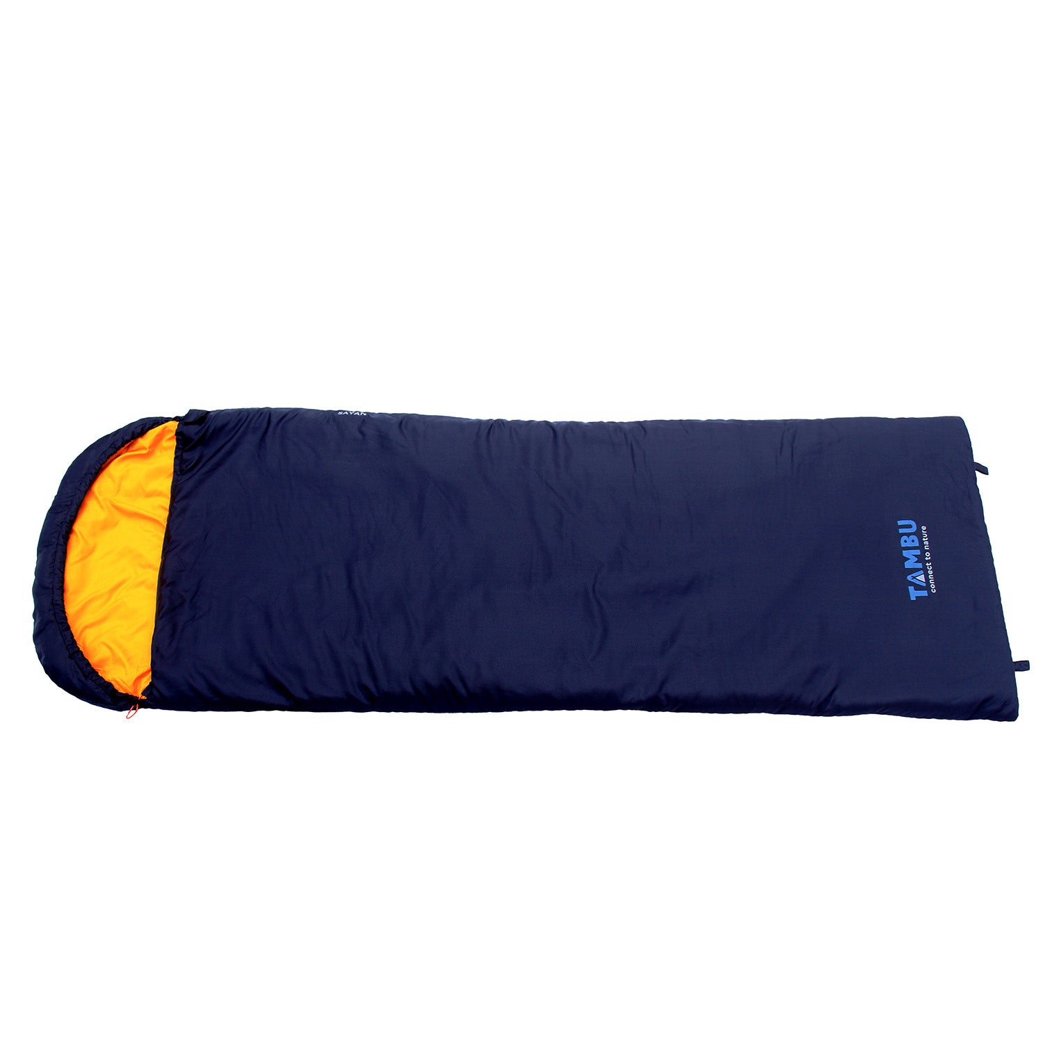SAYAN Deckenschlafsack 1400 von Tambu Outdoor in dunkelblau mit gelbfarbenem Innenfutter und Logo auf der Vorderseite