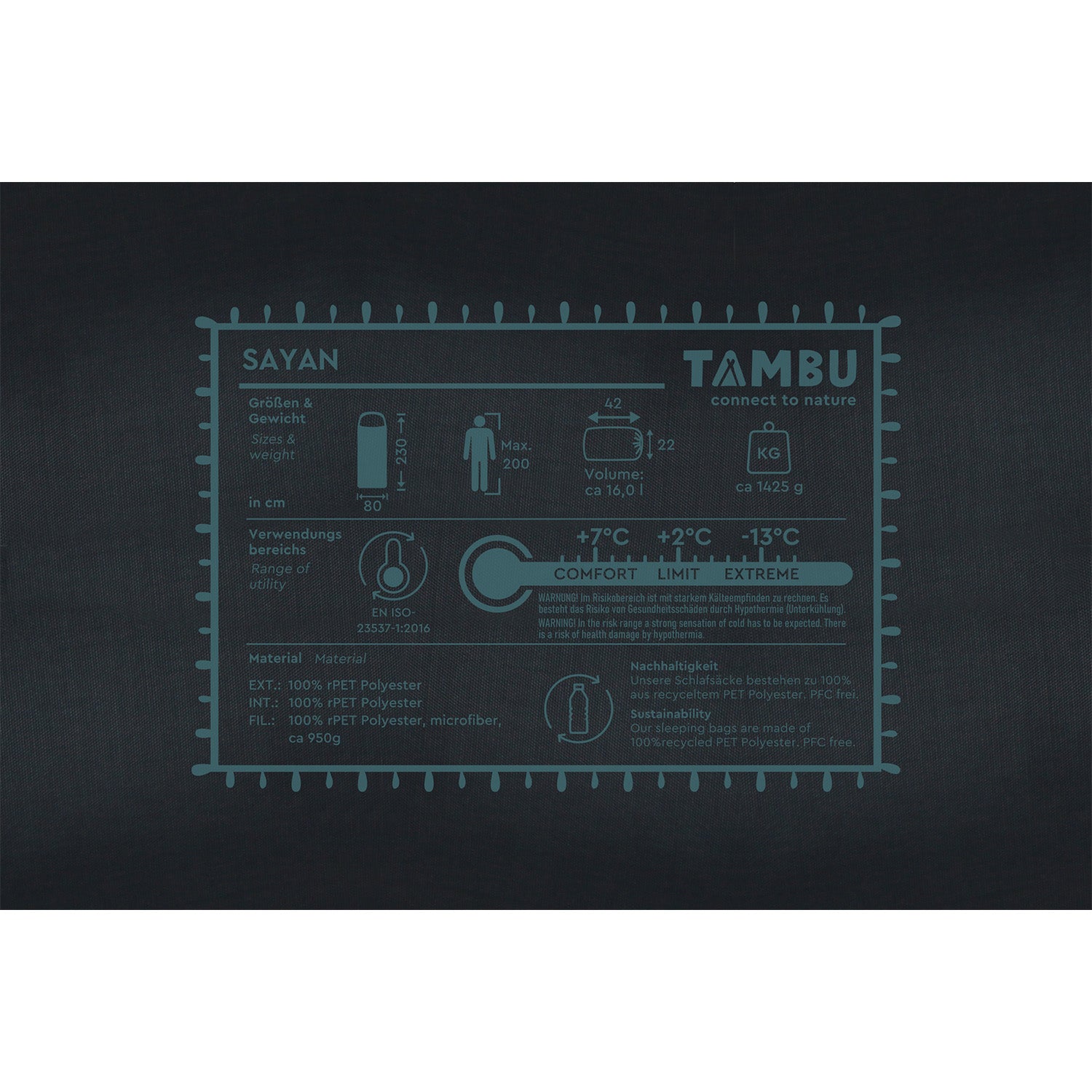 SAYAN Deckenschlafsack 1400 von Tambu Outdoor mit Maßen 230x80 cm, Gewicht ca. 1425 g, Volumen ca. 16 l, Komforttemperatur +7°C, Limit +2°C, Extrem -13°C, aus 100% recyceltem PET-Polyester