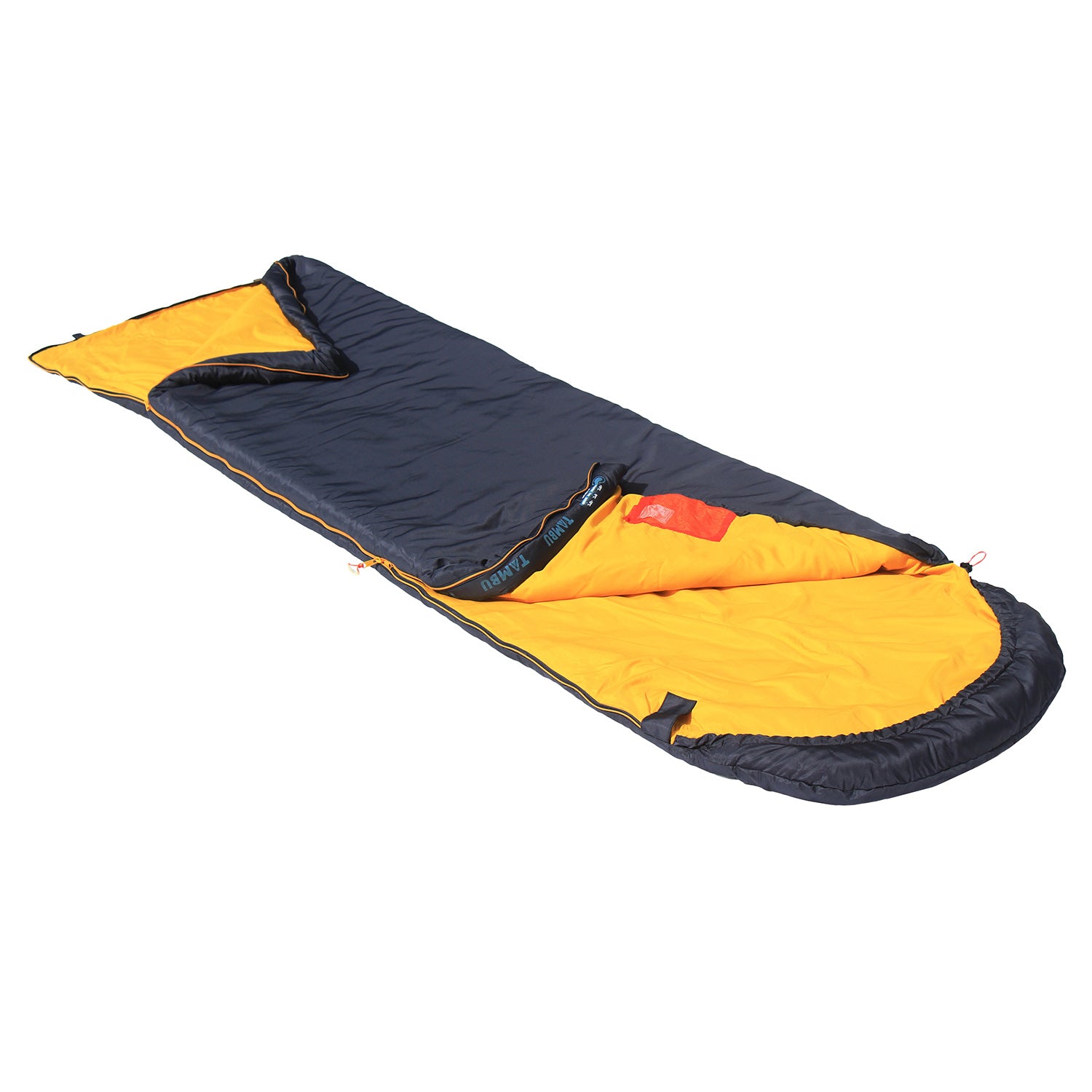 SAYAN Deckenschlafsack 1400 von Tambu Outdoor, rechteckig, außen dunkelblau, innen gelb, teilweise geöffnet