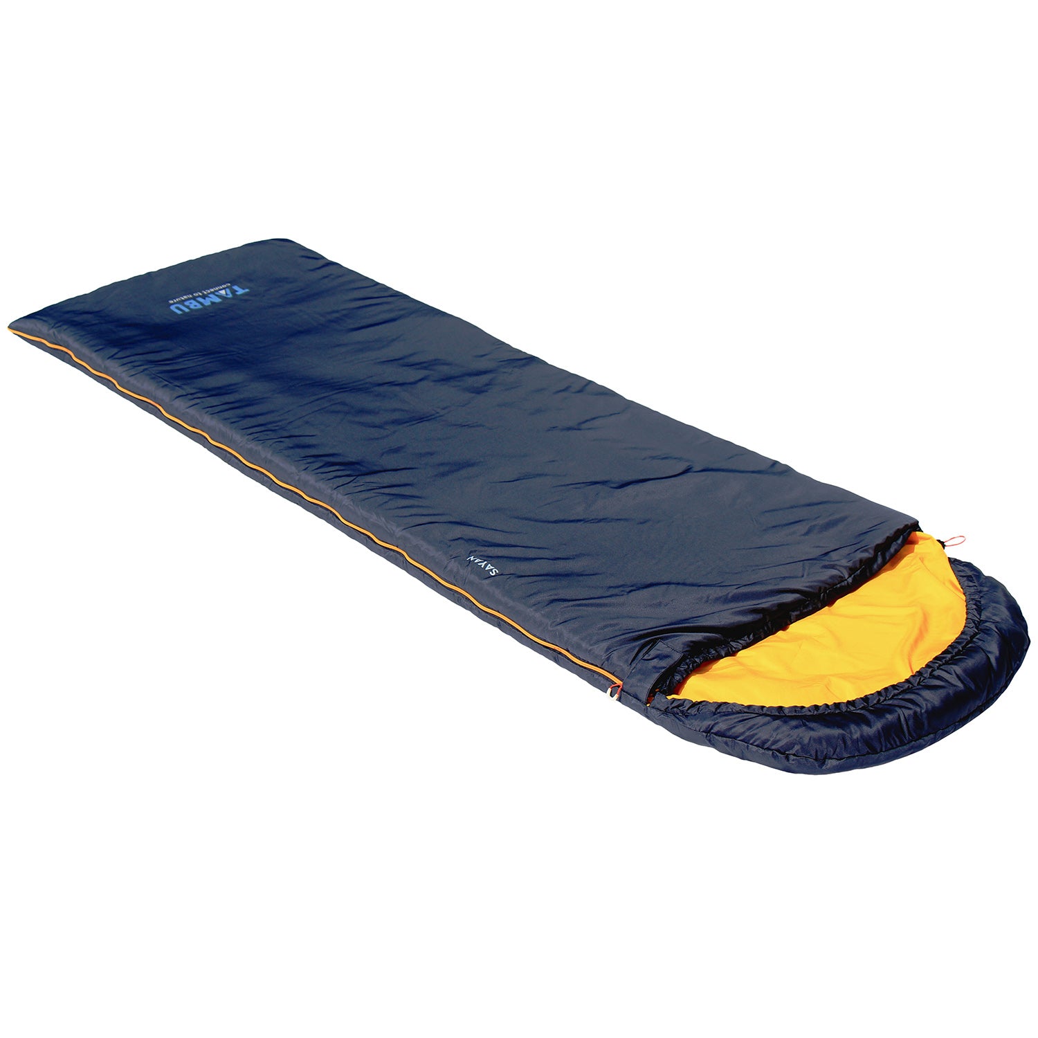 SAYAN Deckenschlafsack 1400 von Tambu Outdoor in dunkelblau mit gelbfarbenem Innenfutter, rechteckige Form mit Kapuze