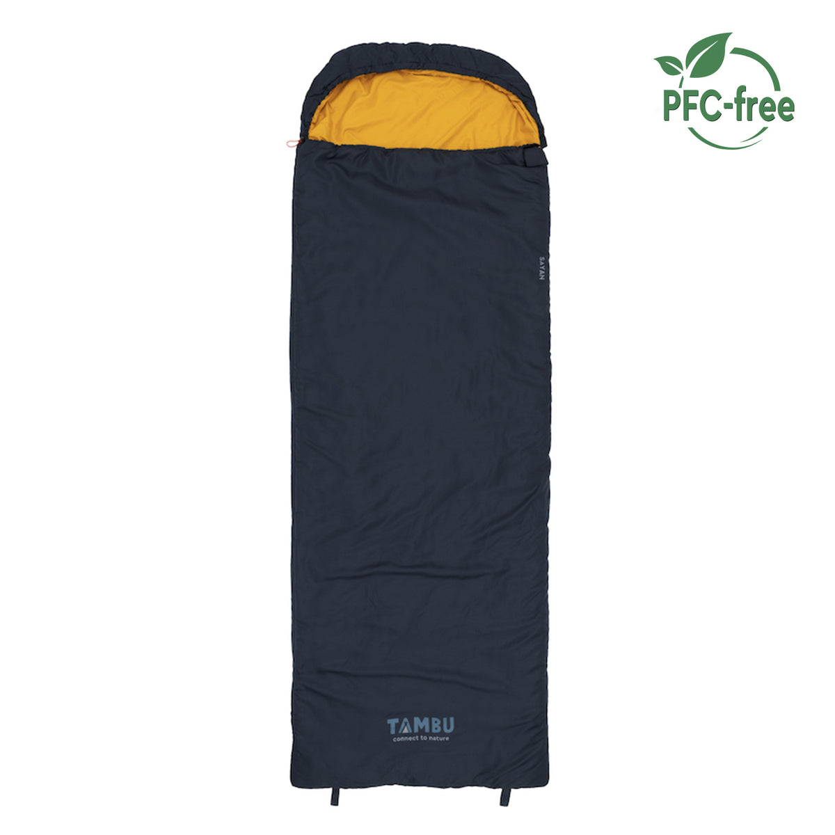 SAYAN Deckenschlafsack 1400 von Tambu Outdoor in dunkelblau mit gelbem Innenfutter, PFC-frei, rechteckige Form mit Kapuze