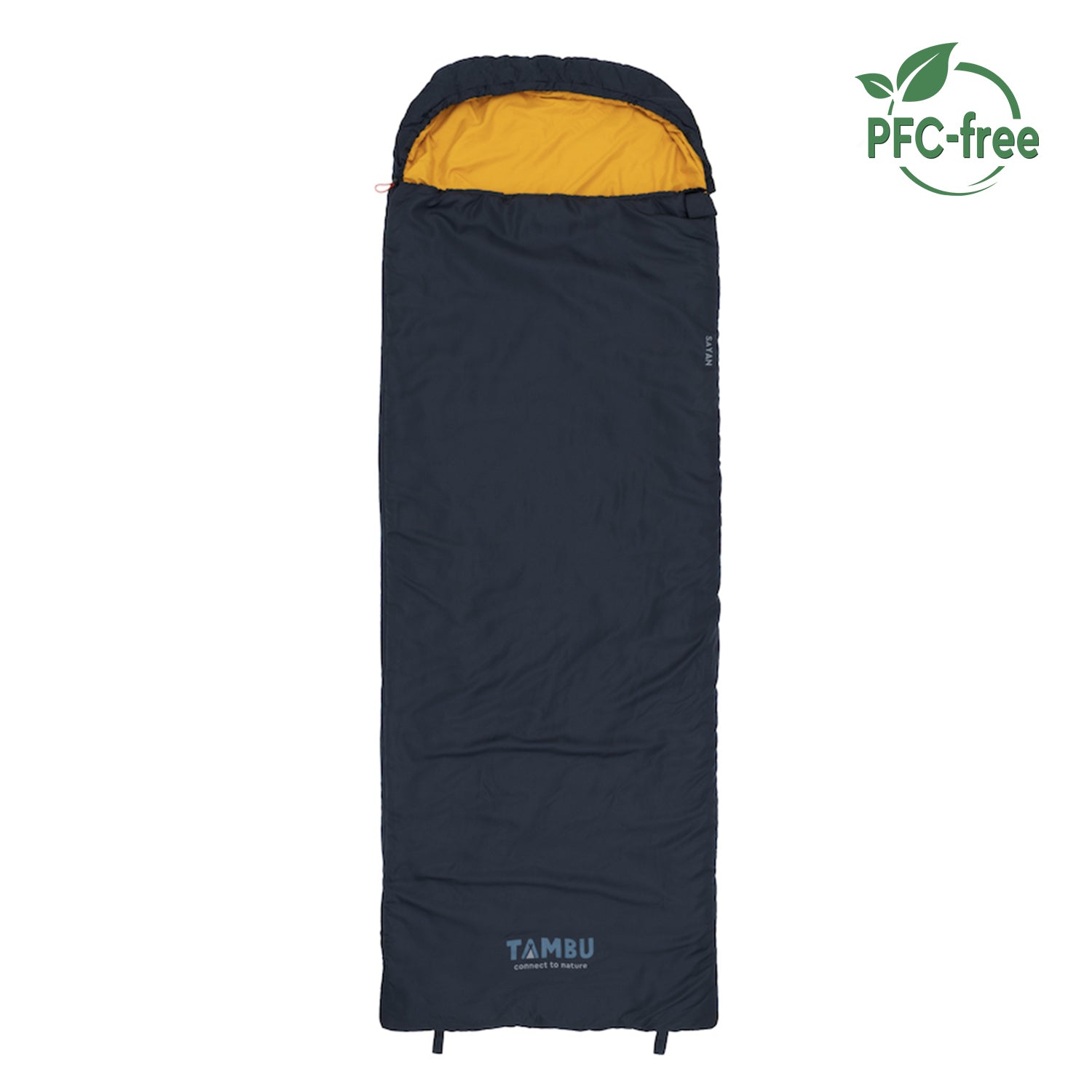 SAYAN Deckenschlafsack 1400 von Tambu Outdoor in dunkelblau mit gelbem Innenfutter, PFC-frei, rechteckige Form mit Kapuze