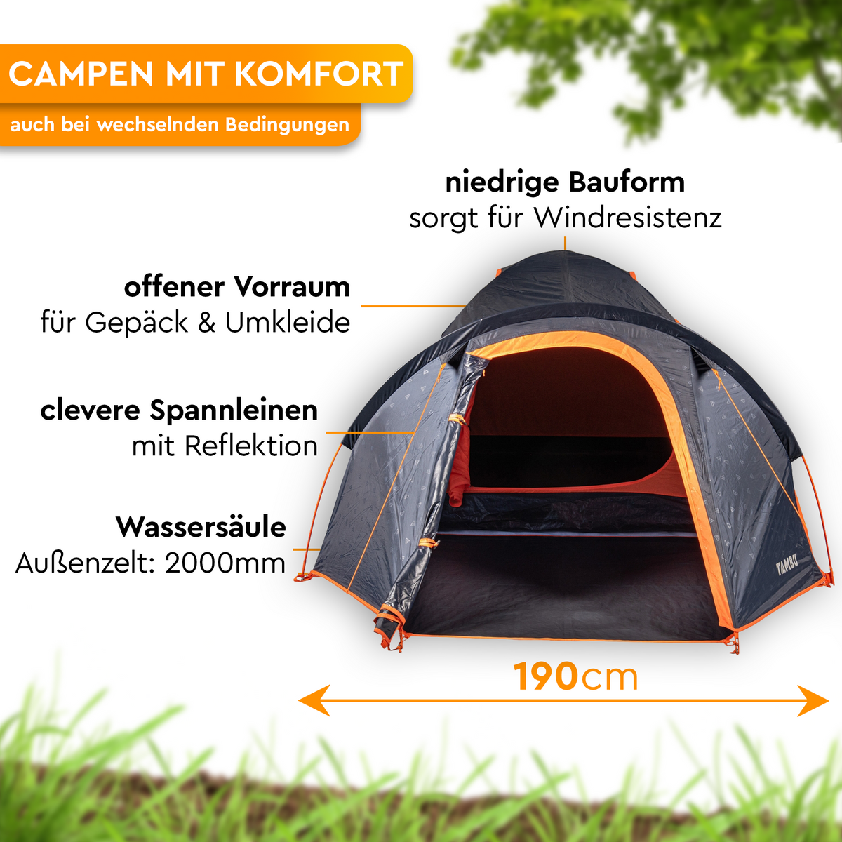 Dunkelgraues Kuppelzelt mit orangefarbenen Nähten, offenem Eingang und 190 cm Breite im Aufbau. - AKASA 3 | 3 Personen Kuppelzelt - Tambu Outdoor