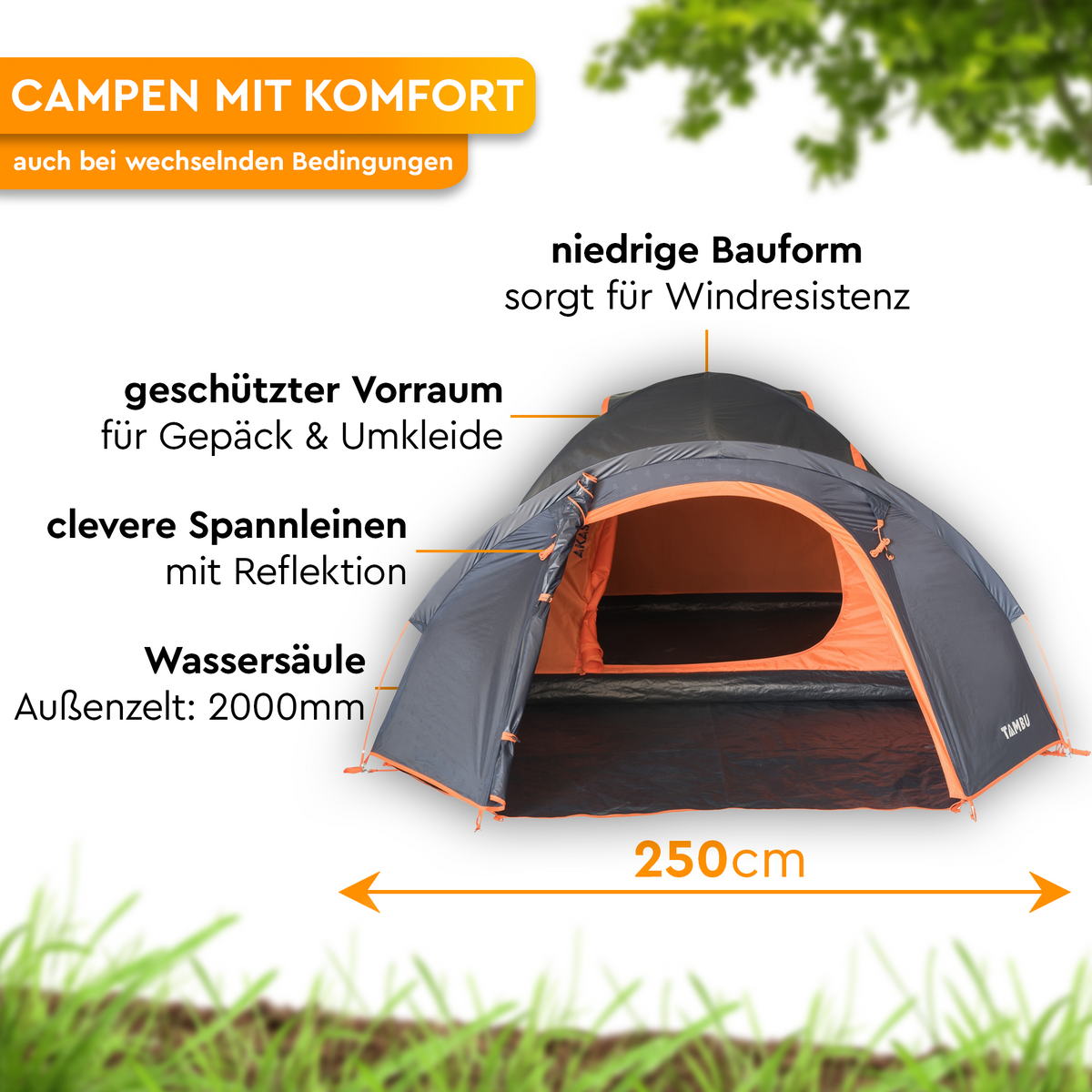 Graues Kuppelzelt mit orangefarbenen Akzenten, offenem Vorraum und dunkler Bodenplane; 250 cm breit. - AKASA 4 | 4 Personen Kuppelzelt - Tambu Outdoor