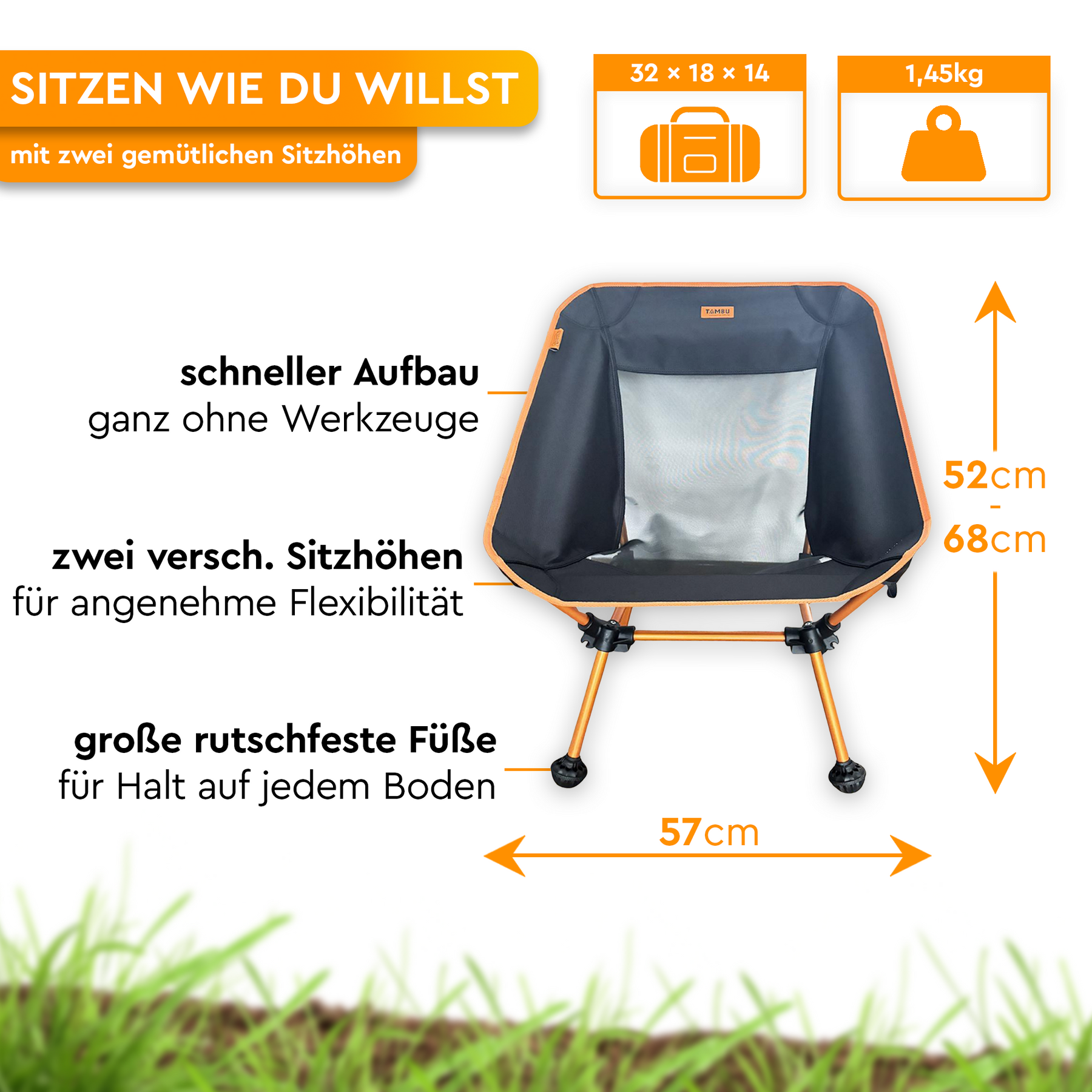 BATASA | Lightweight camping chair with two seat heights