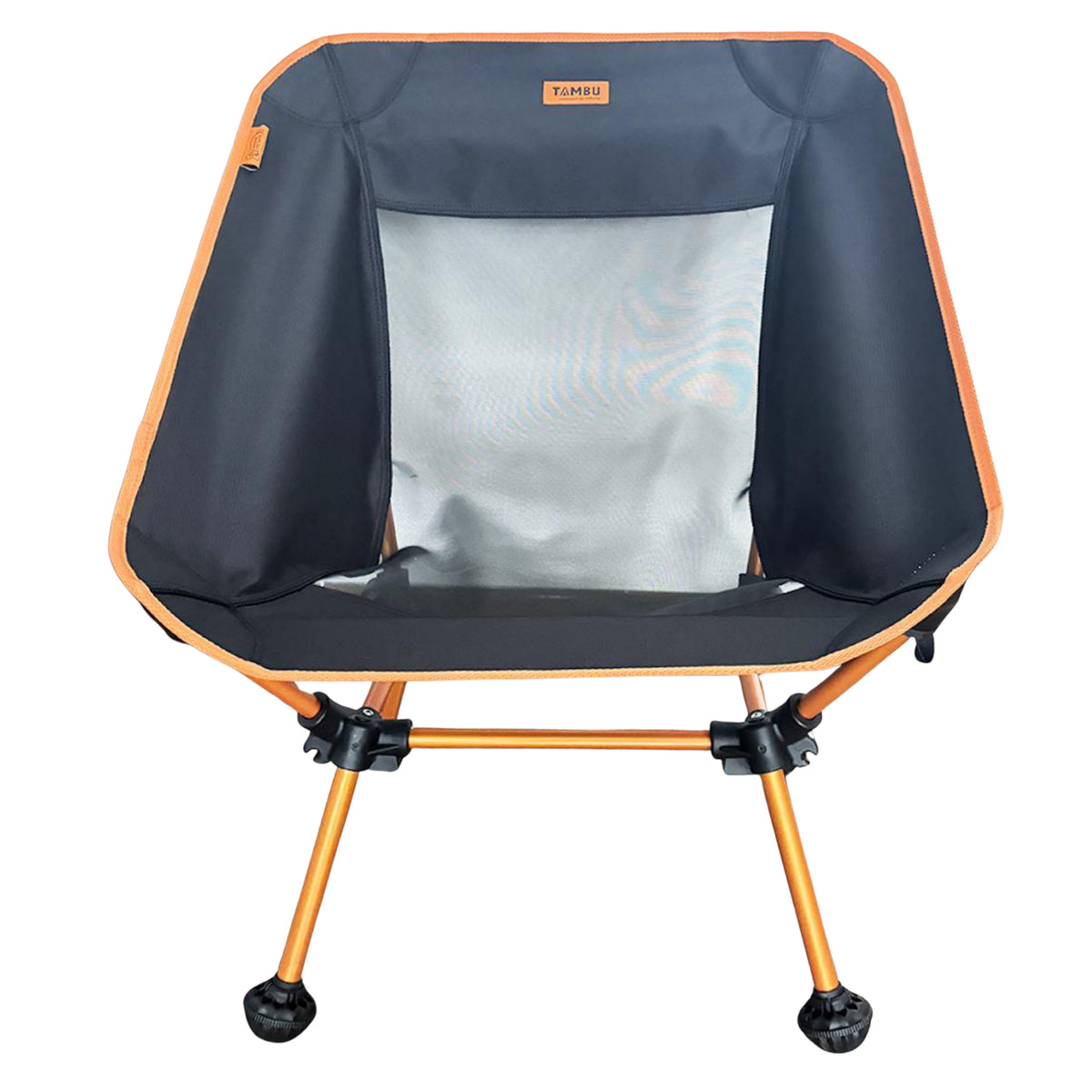 Leichter Campingstuhl BATASA von Tambu Outdoor in Schwarz mit orangefarbenem Rahmen, mit zwei Sitzhöhen