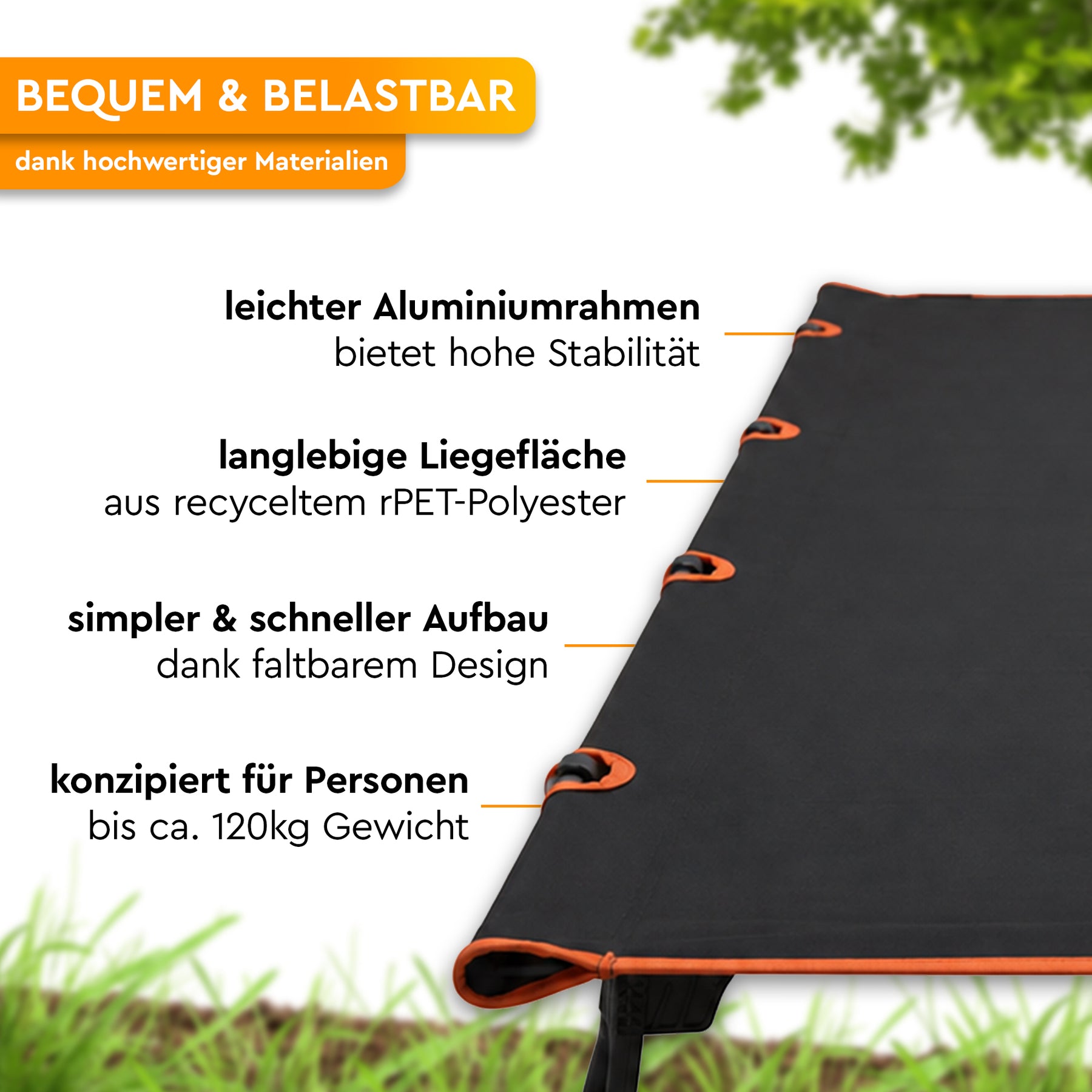 Schwarze Campingliege aus recyceltem PET-Polyester mit orangefarbenem Aluminiumrahmen und faltbarem Design. - BATIKA | Ultraleichte Campingliege für Trekking, Camping & Vanlife - Tambu Outdoor