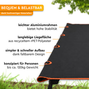 Schwarze Campingliege aus recyceltem PET-Polyester mit orangefarbenem Aluminiumrahmen und faltbarem Design. - BATIKA | Ultraleichte Campingliege für Trekking, Camping & Vanlife - Tambu Outdoor