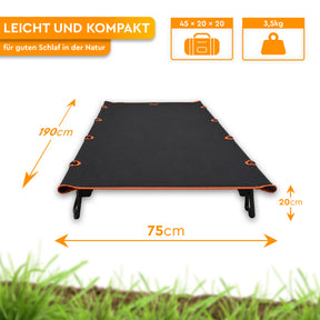 Schwarze, ultraleichte Campingliege mit orangefarbenen Nähten, 190 × 75 cm groß und 20 cm hoch. - BATIKA | Ultraleichte Campingliege für Trekking, Camping & Vanlife - Tambu Outdoor