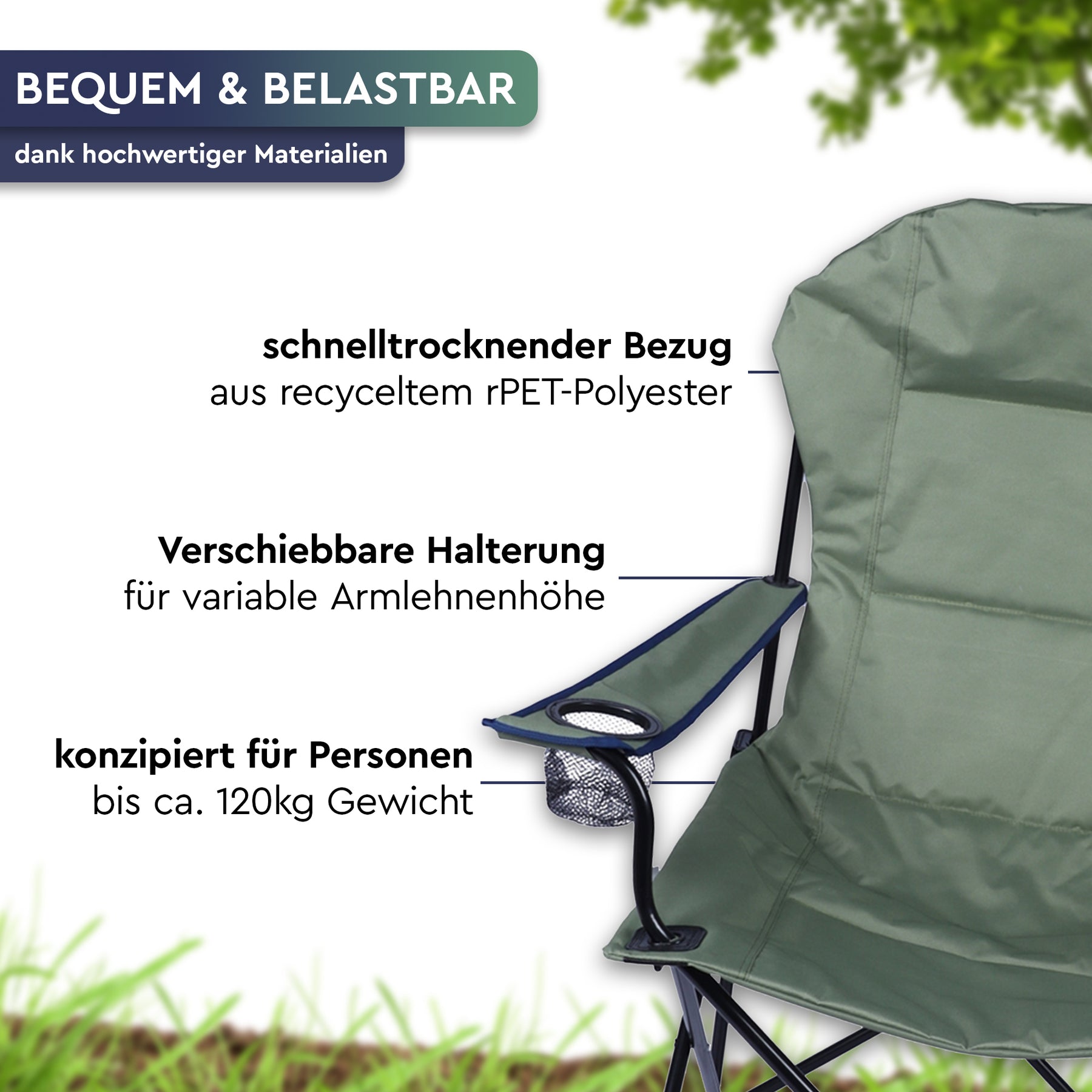 Grüner Camping-Faltstuhl aus recyceltem Polyester mit verstellbarer Armlehne und schwarzem Metallgestell. - BENGALA | Camping-Faltstuhl - Tambu Outdoor
