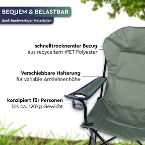 Grüner Camping-Faltstuhl aus recyceltem Polyester mit verstellbarer Armlehne und schwarzem Metallgestell. - BENGALA | Camping-Faltstuhl - Tambu Outdoor