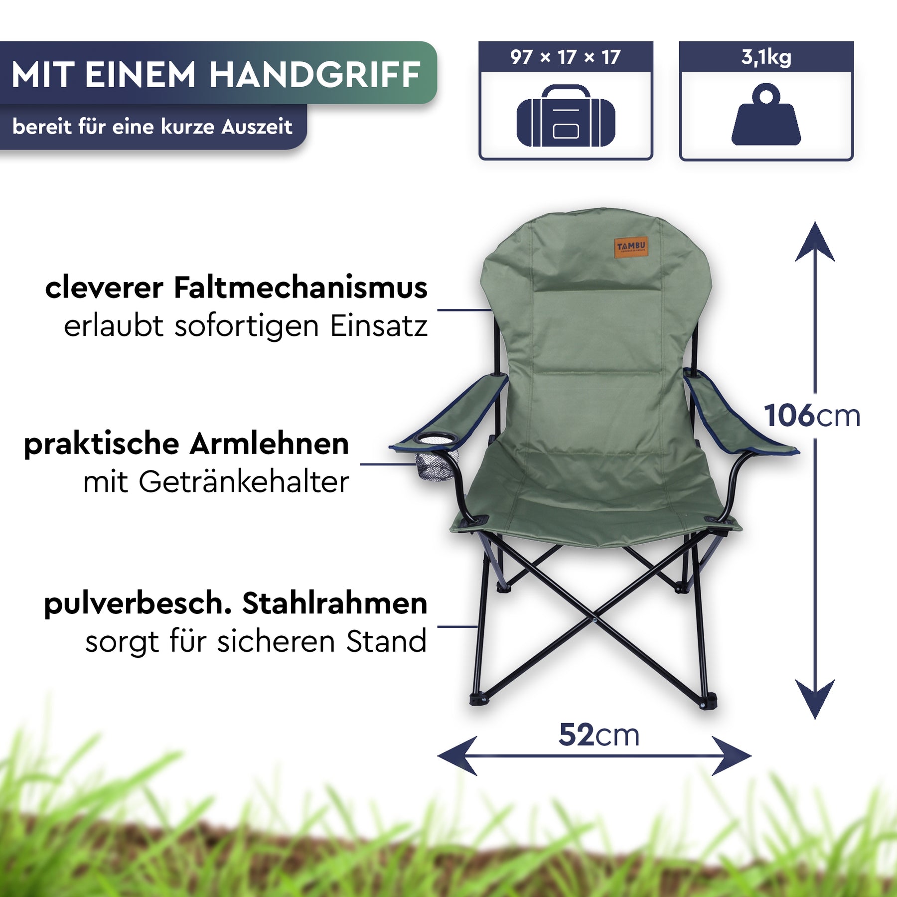 Grüner Camping-Faltstuhl mit Armlehnen und Getränkehalter, schwarzem Stahlrahmen und Handgriff; 106 cm hoch. - BENGALA | Camping-Faltstuhl - Tambu Outdoor