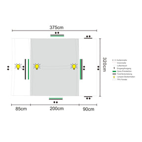 Grundriss des braunen Busvorzelts AIR von Tambu Outdoor mit Maßen 375 cm Breite und 320 cm Tiefe, zeigt Innen- und Außenmaße, Luftschläuche, Eingänge, Fenster, Lampenpositionen und Türverdunkelung