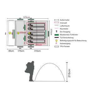 Grundriss und Querschnitt des BISALA 5 Familien Tunnelzelts von Tambu Outdoor mit Maßen, Raumaufteilung für 5 Personen, Moskitonetzfenstern und Beleuchtungspunkten