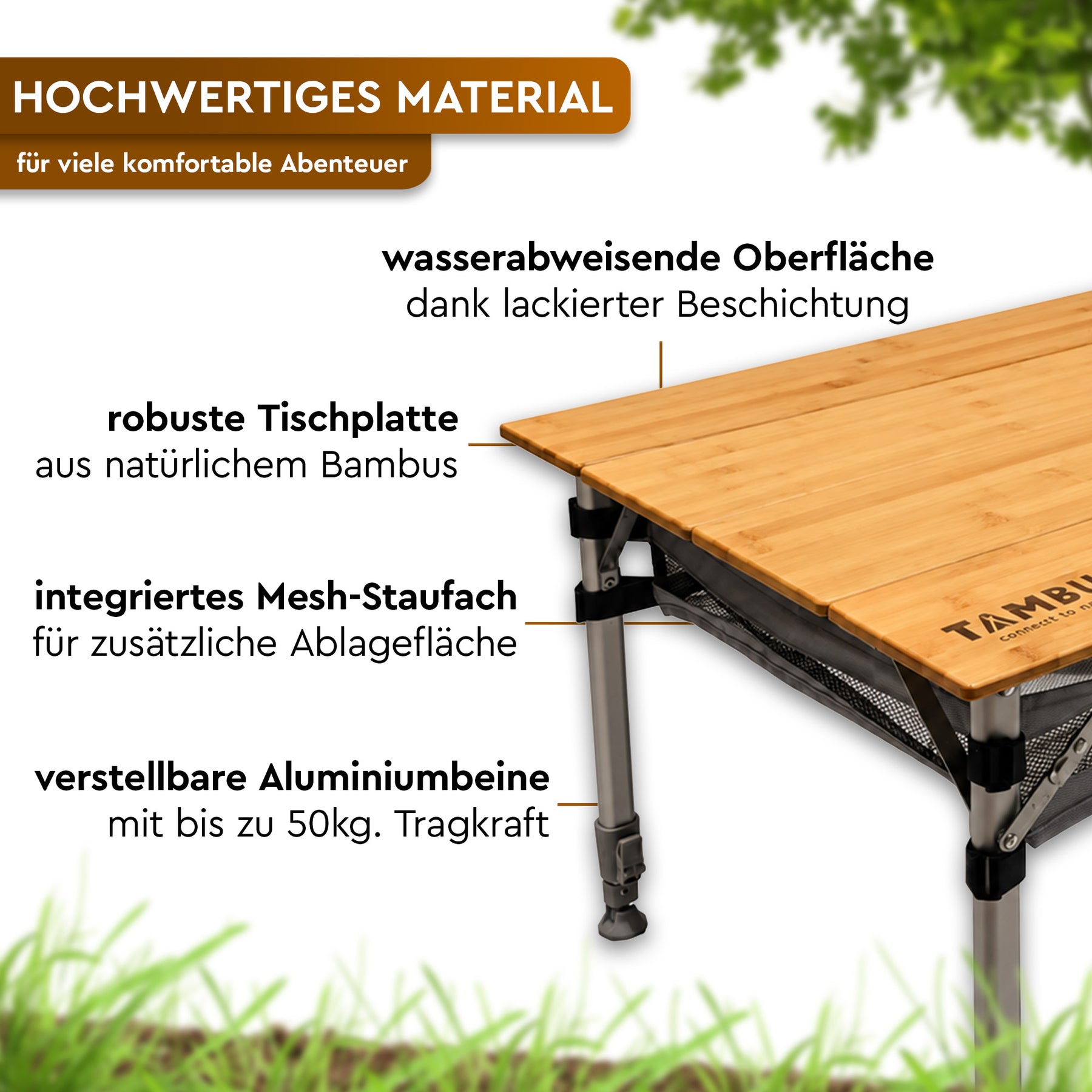Großer Campingtisch aus hellem Bambus mit schwarzem Netzfach, verstellbaren Alubeinen und wasserabweisender Oberfläche. - BISTA | Großer Bambus-Campingtisch mit höhenverstellbaren Beinen - Tambu Outdoor