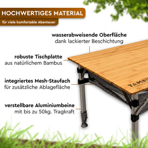 Großer Campingtisch aus hellem Bambus mit schwarzem Netzfach, verstellbaren Alubeinen und wasserabweisender Oberfläche. - BISTA | Großer Bambus-Campingtisch mit höhenverstellbaren Beinen - Tambu Outdoor