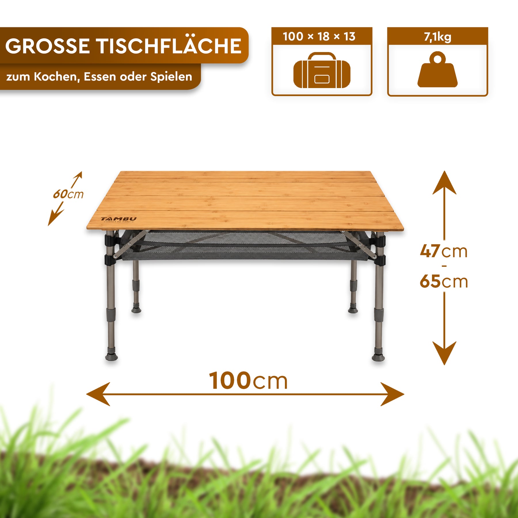 Großer Campingtisch mit heller Bambusplatte und schwarzen, höhenverstellbaren Beinen, 100 cm breit. - BISTA | Großer Bambus-Campingtisch mit höhenverstellbaren Beinen - Tambu Outdoor