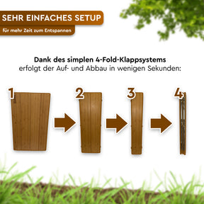 Die braune Tischplatte klappt schrittweise kompakt zusammen. - BISTA | Großer Bambus-Campingtisch mit höhenverstellbaren Beinen - Tambu Outdoor