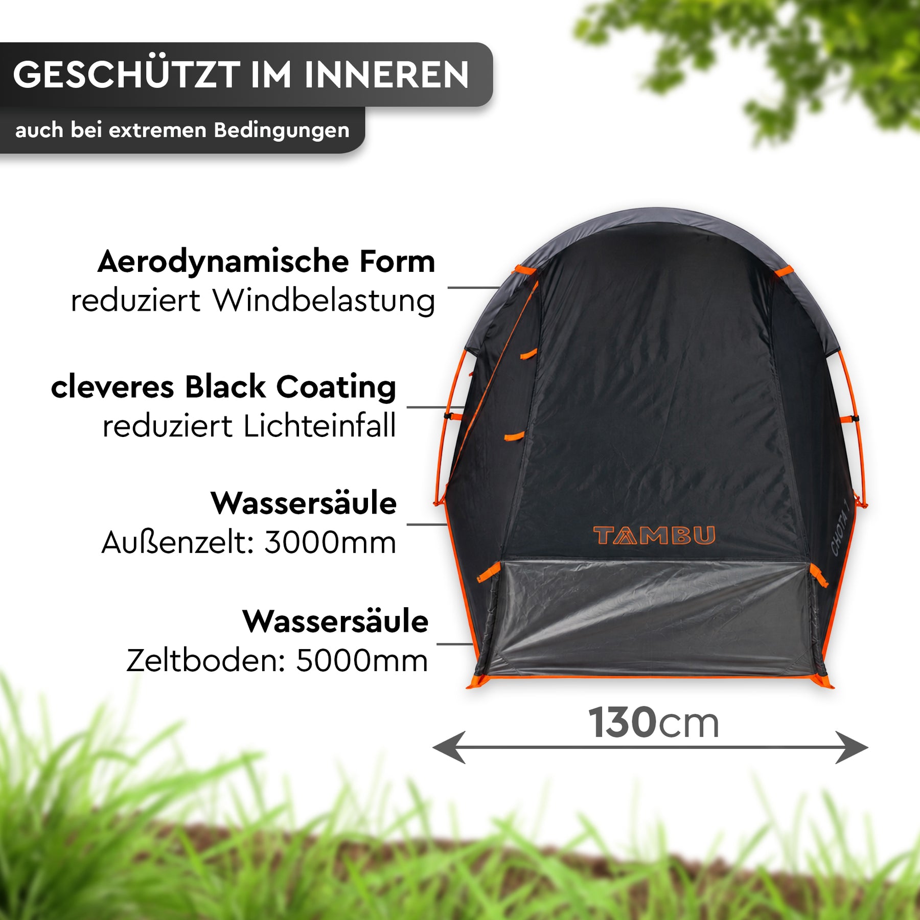 Schwarzes Trekkingzelt mit aerodynamischer Form, orangefarbenen Abspannpunkten und 130 cm Breite. - CHOTA 1 | 1 Personen-Trekkingzelt - Tambu Outdoor