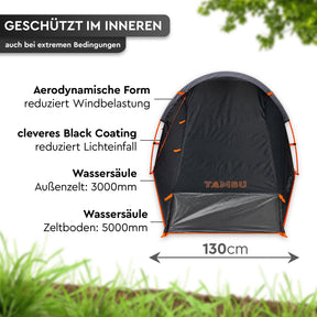 Schwarzes Trekkingzelt mit aerodynamischer Form, orangefarbenen Abspannpunkten und 130 cm Breite. - CHOTA 1 | 1 Personen-Trekkingzelt - Tambu Outdoor