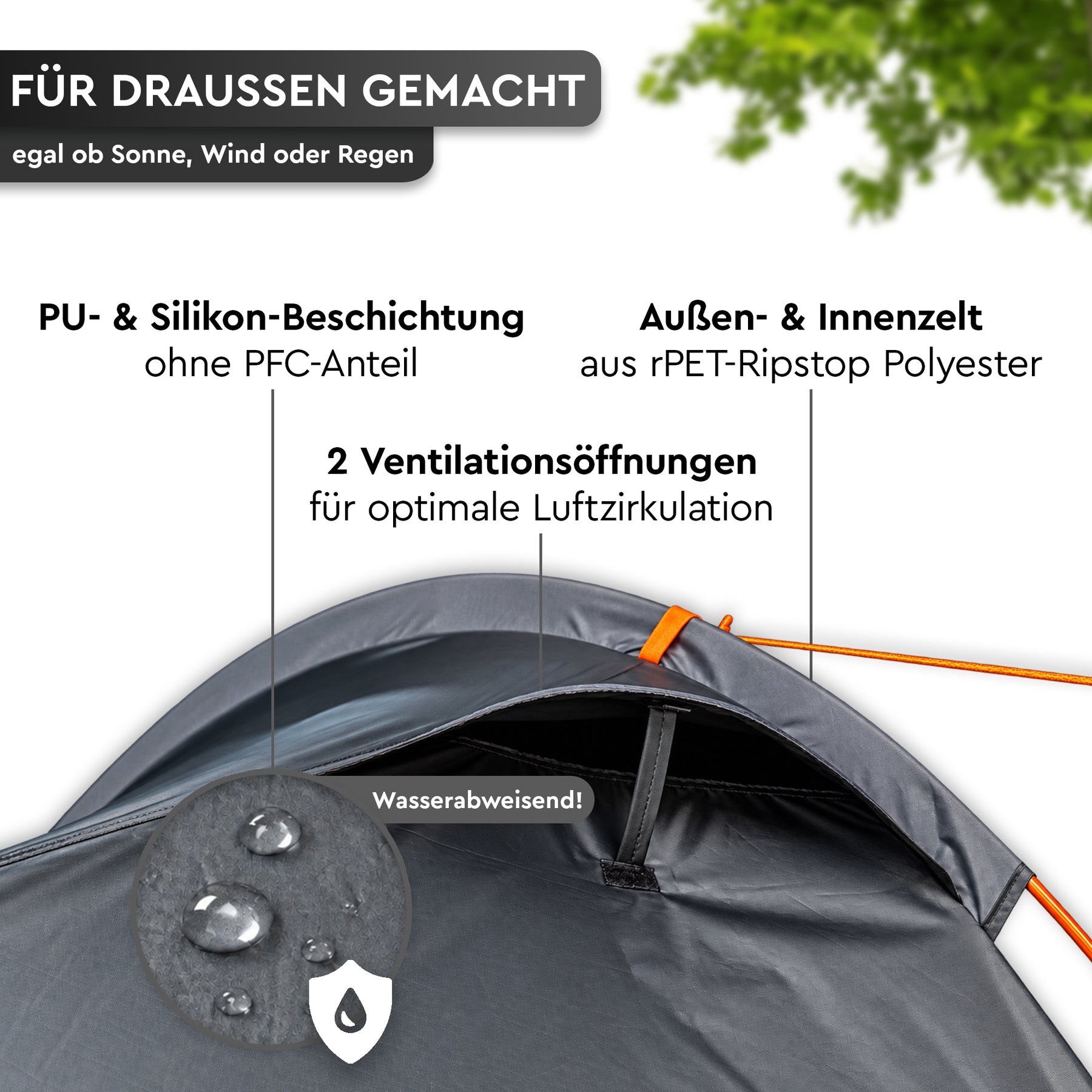 Dunkelgraues Trekkingzelt mit PU-Silikon-Beschichtung, zwei Lüftungsöffnungen und orangefarbenen Abspannleinen. - CHOTA 1 | 1 Personen-Trekkingzelt - Tambu Outdoor