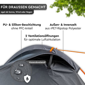 Dunkelgraues Trekkingzelt mit PU-Silikon-Beschichtung, zwei Lüftungsöffnungen und orangefarbenen Abspannleinen. - CHOTA 1 | 1 Personen-Trekkingzelt - Tambu Outdoor