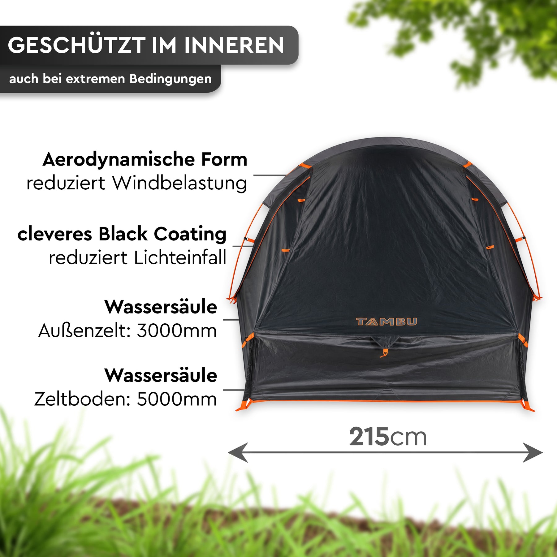 Dunkelgraues Tunnelzelt mit schwarzem Innenraum und orangefarbenen Details; 215 cm breit, mit 3000 mm Außenzelt- und 5000 mm - CHOTA 2 | 2 Personen-Trekkingzelt - Tambu Outdoor