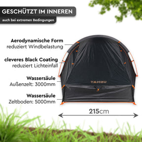 Dunkelgraues Tunnelzelt mit schwarzem Innenraum und orangefarbenen Details; 215 cm breit, mit 3000 mm Außenzelt- und 5000 mm - CHOTA 2 | 2 Personen-Trekkingzelt - Tambu Outdoor