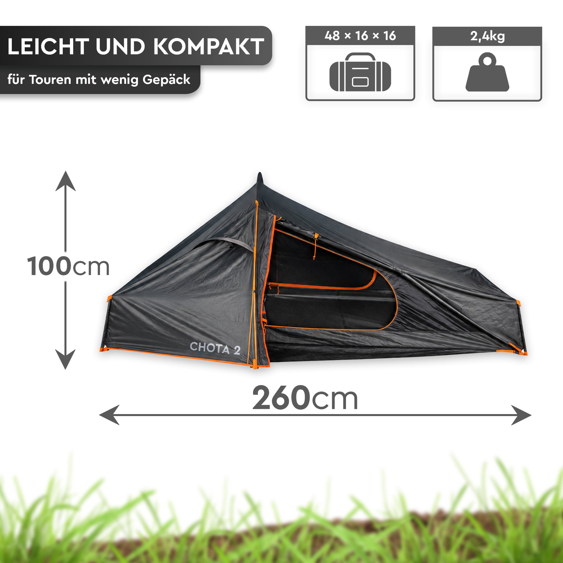 Kompaktes schwarzes Tunnelzelt mit orangefarbenen Nähten, 260 cm lang und 100 cm hoch; leicht und tourentauglich. - CHOTA 2 | 2 Personen-Trekkingzelt - Tambu Outdoor