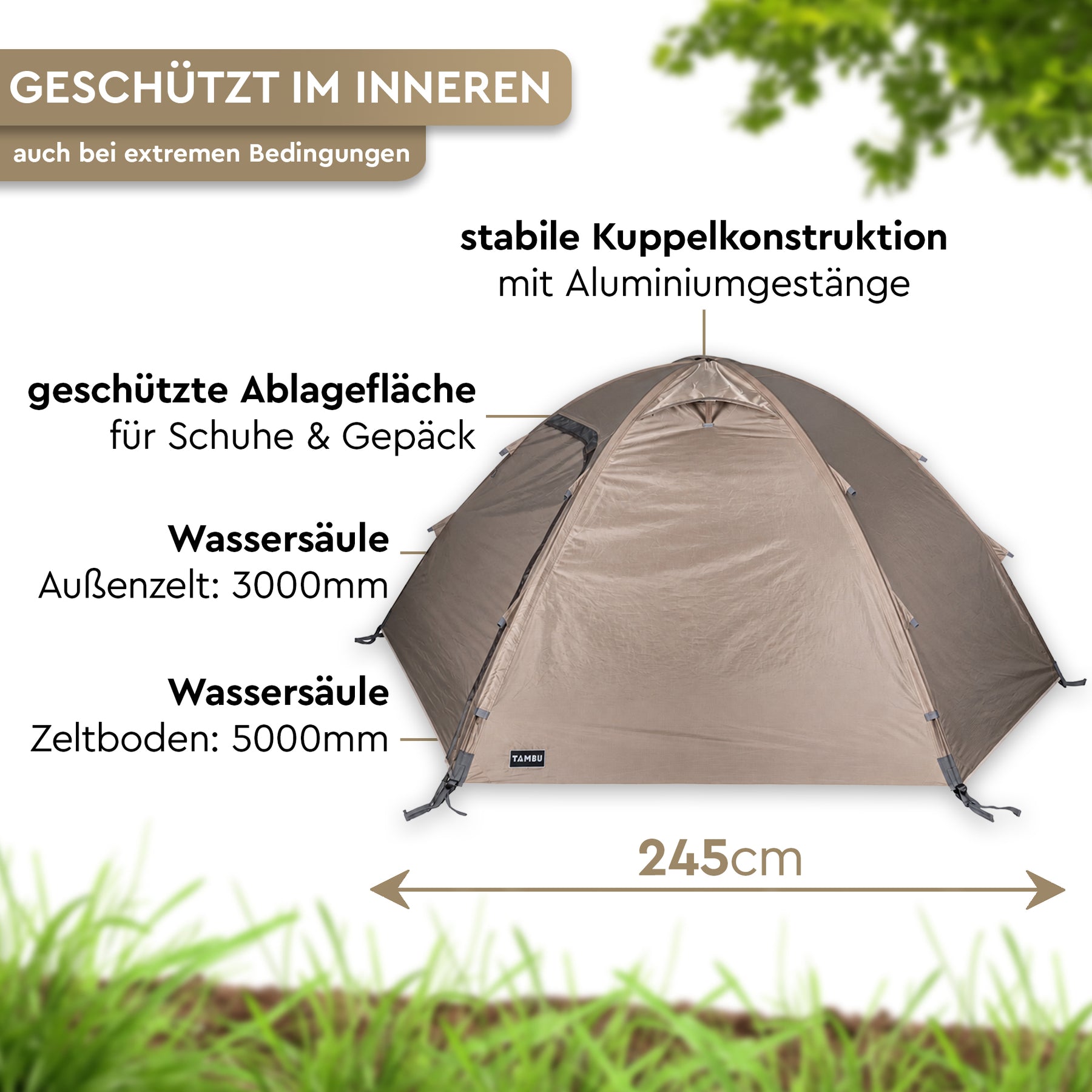 Sandfarbenes Kuppel-Trekkingzelt mit grauem Außenzelt, stabiler Aluminiumgestänge-Konstruktion und beschrifteten Maßen. - KAMALO 2 | 2-Personen Leichtgewicht-Trekkingzelt - Tambu Outdoor