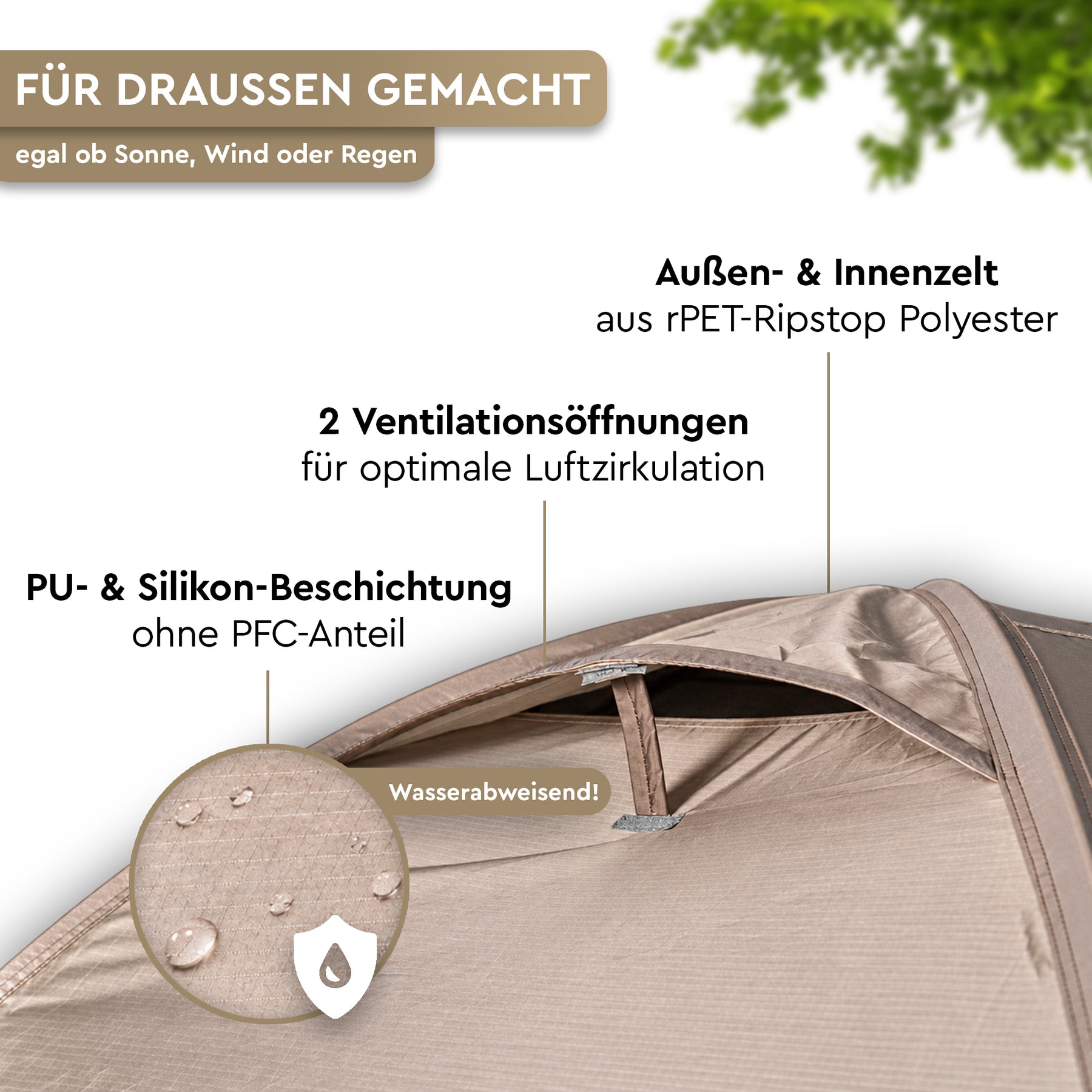 Beigefarbenes Kuppel-Trekkingzelt mit aufgerolltem Eingang, zwei Lüftungsöffnungen und beschichtetem Polyestergewebe. - KAMALO 2 | 2-Personen Leichtgewicht-Trekkingzelt - Tambu Outdoor