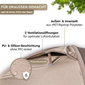 Beigefarbenes Kuppel-Trekkingzelt mit aufgerolltem Eingang, zwei Lüftungsöffnungen und beschichtetem Polyestergewebe. - KAMALO 2 | 2-Personen Leichtgewicht-Trekkingzelt - Tambu Outdoor