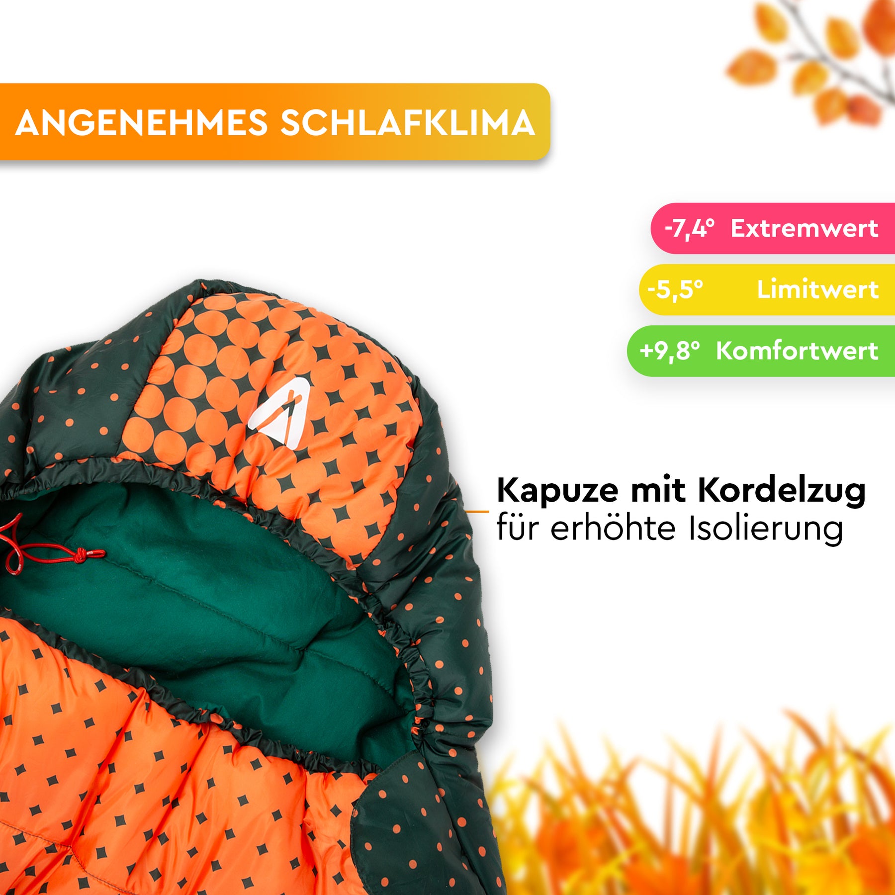 Orange-schwarzer Mumienschlafsack mit Kapuze und Kordelzug; Innenfutter in dunklem Türkis, Temperaturzonen rechts angegeben. - KARA 1000 | Mumienschlafsack - Tambu Outdoor