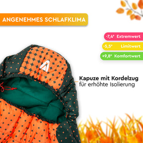 Orange-schwarzer Mumienschlafsack mit Kapuze und Kordelzug; Innenfutter in dunklem Türkis, Temperaturzonen rechts angegeben. - KARA 1000 | Mumienschlafsack - Tambu Outdoor