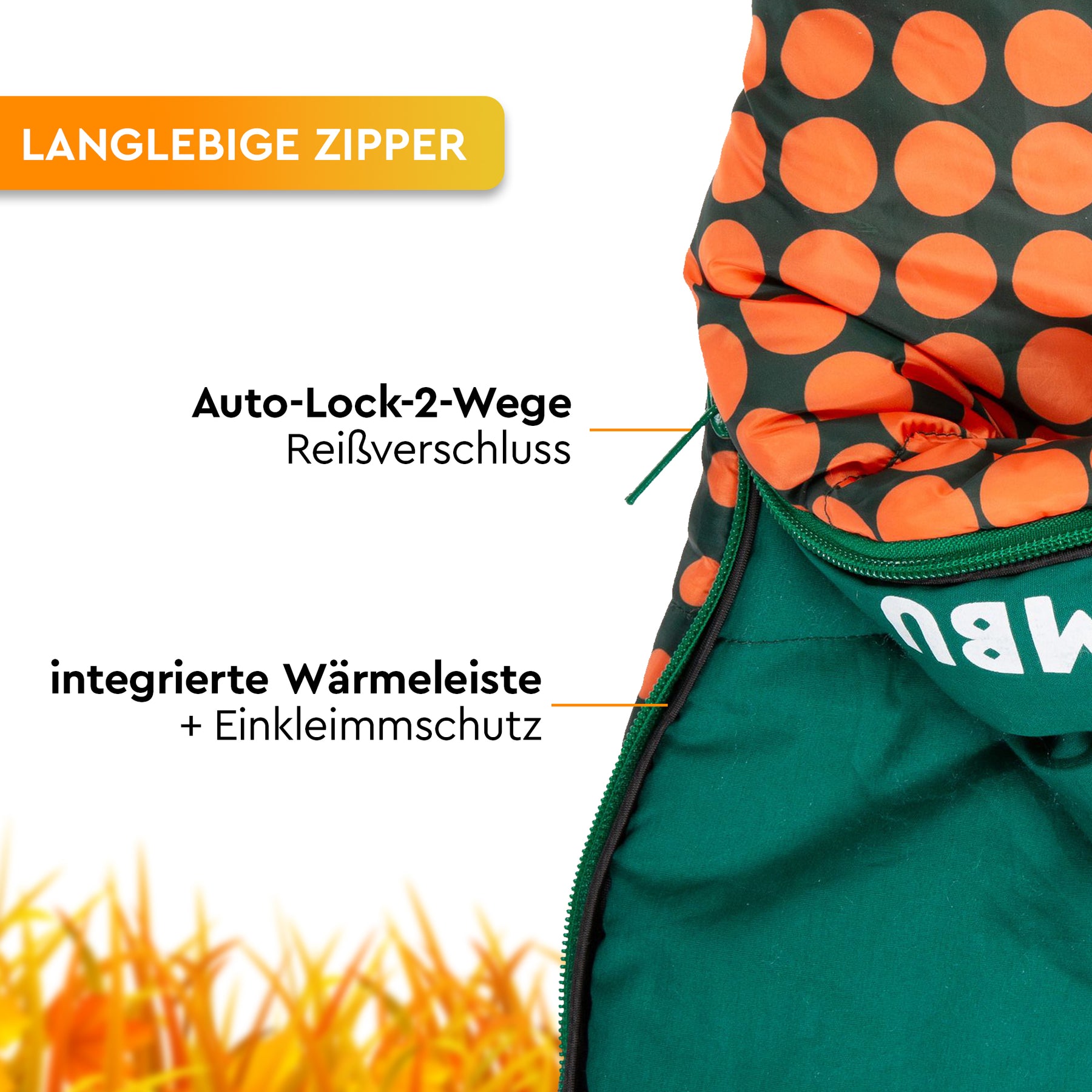 Grüner Mumienschlafsack mit orangefarbenem Kreismuster, langlebigem Zwei-Wege-Reißverschluss und integrierter Wärmeleiste. - KARA 1000 | Mumienschlafsack - Tambu Outdoor