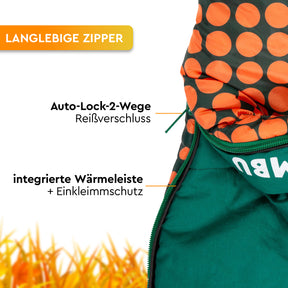 Grüner Mumienschlafsack mit orangefarbenem Kreismuster, langlebigem Zwei-Wege-Reißverschluss und integrierter Wärmeleiste. - KARA 1000 | Mumienschlafsack - Tambu Outdoor