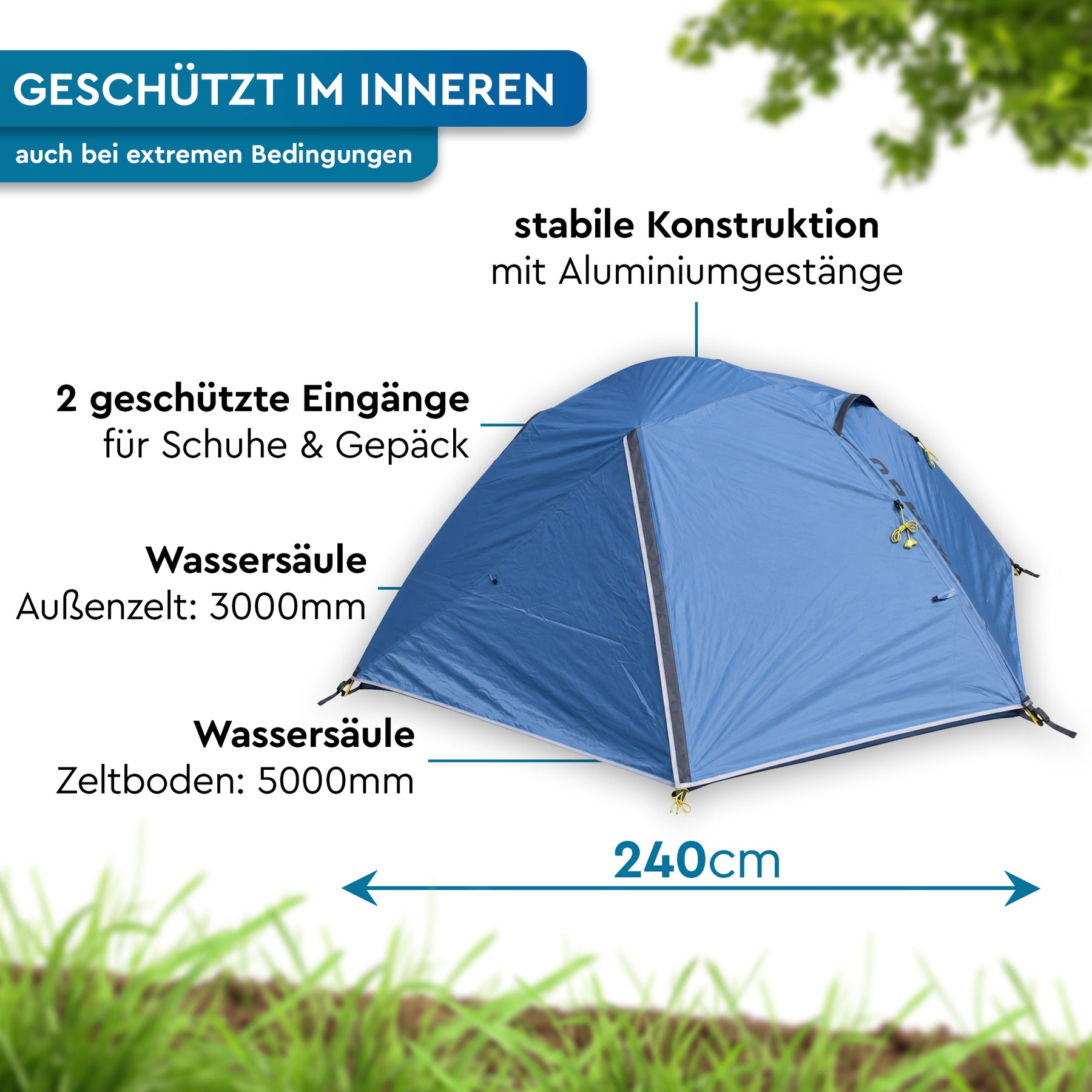 Blaues Kuppel-Trekkingzelt mit stabilen Aluminiumstangen, zwei geschützten Eingängen und beschrifteten Maßen. - KHEMA 2 | leichtes 2-Personen-Kuppel-Trekkingzelt - Tambu Outdoor