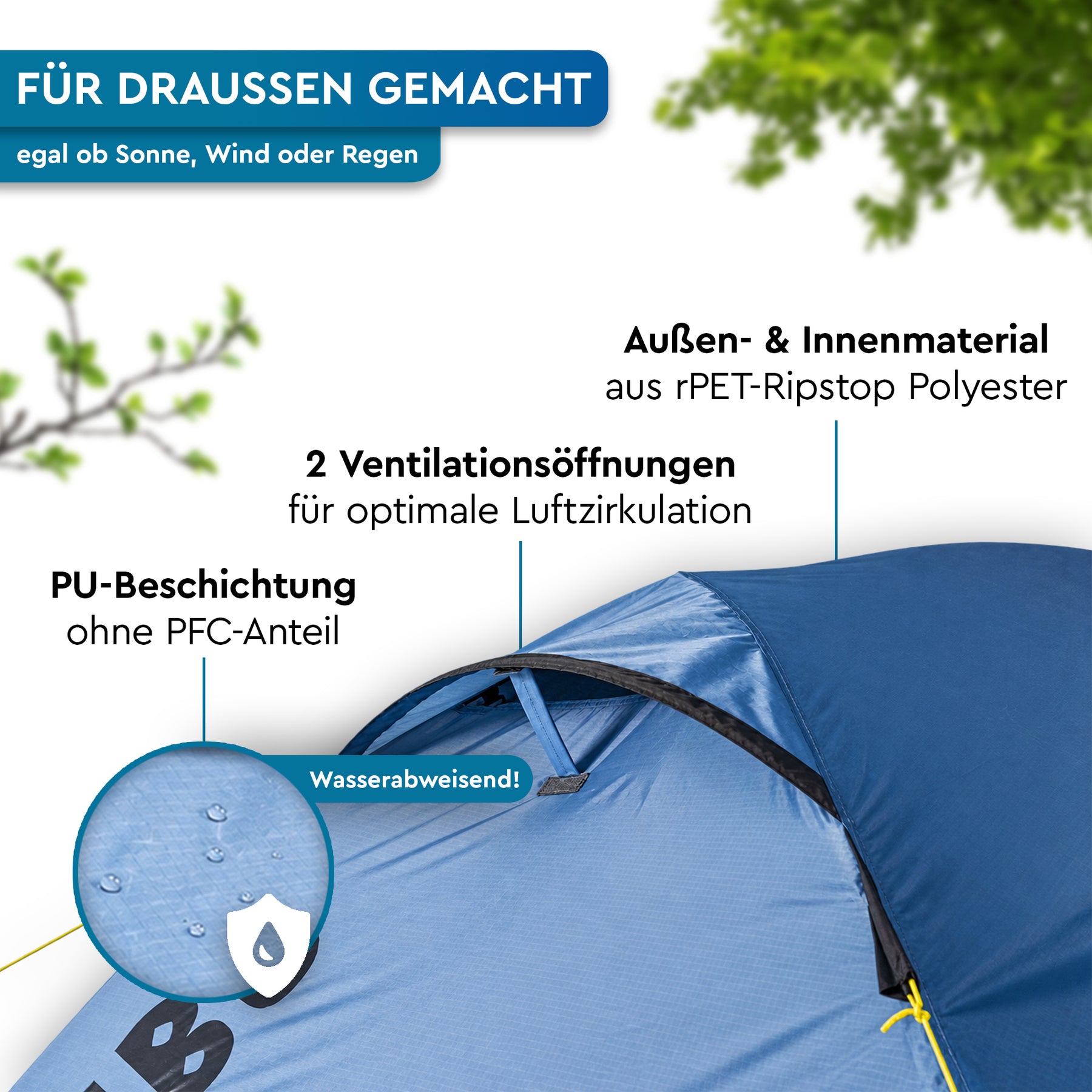 Blaues KHEMA-Kuppelzelt aus Ripstop-Polyester mit PU-Beschichtung und zwei Belüftungsöffnungen. - KHEMA 2 | leichtes 2-Personen-Kuppel-Trekkingzelt - Tambu Outdoor