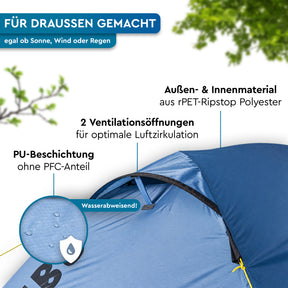 Blaues KHEMA-Kuppelzelt aus Ripstop-Polyester mit PU-Beschichtung und zwei Belüftungsöffnungen. - KHEMA 2 | leichtes 2-Personen-Kuppel-Trekkingzelt - Tambu Outdoor