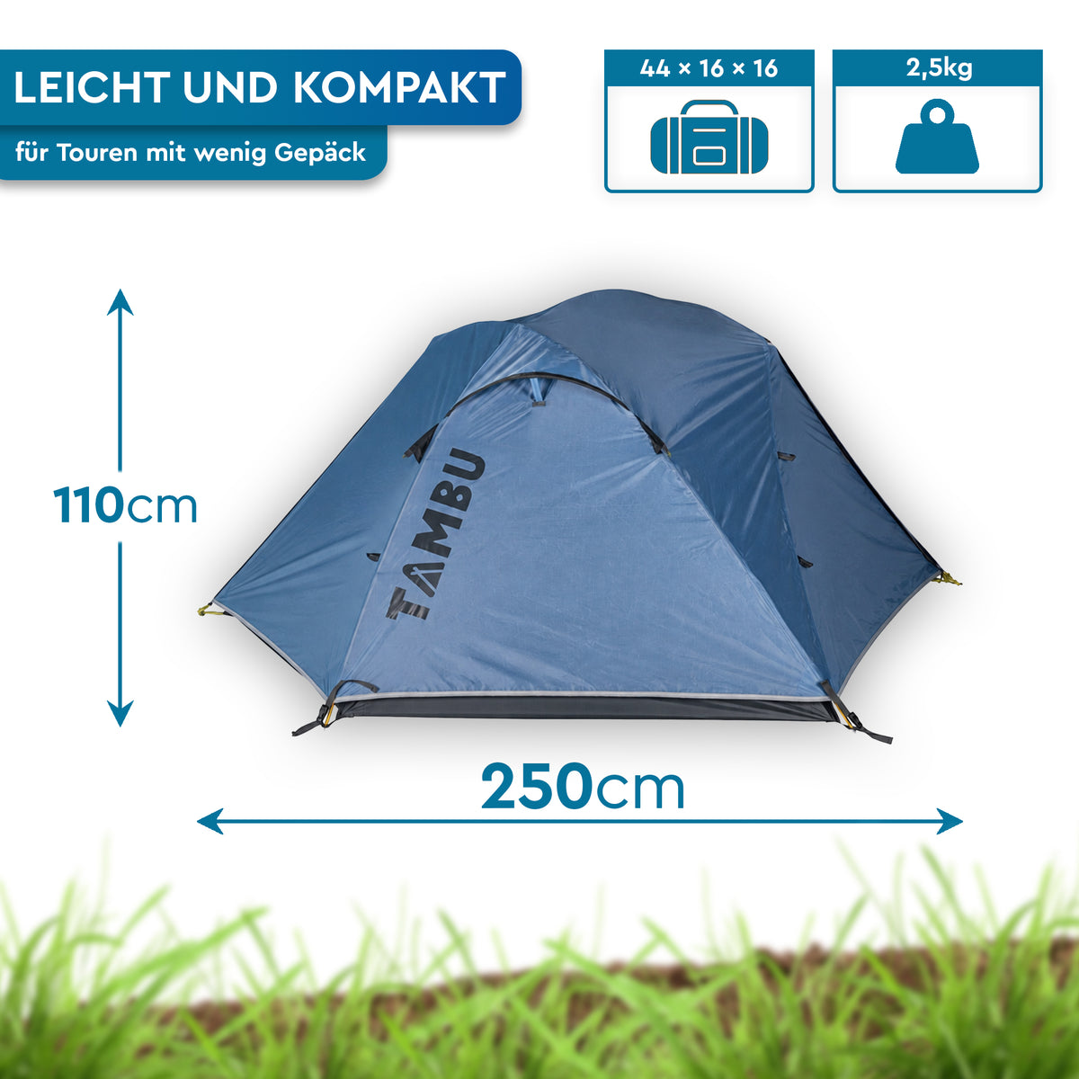 Blaues Kuppel-Trekkingzelt für zwei Personen, mit 250 cm Länge, 110 cm Höhe und leichtem, kompaktem Aufbau. - KHEMA 2 | leichtes 2-Personen-Kuppel-Trekkingzelt - Tambu Outdoor