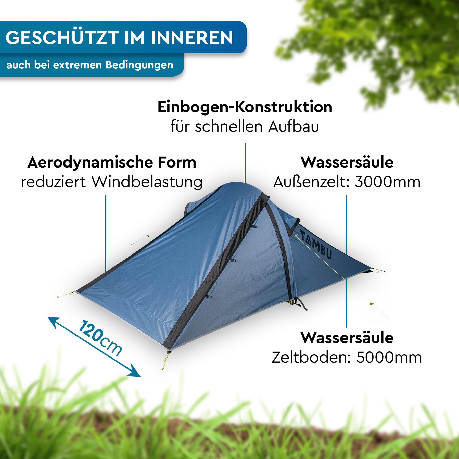 Blaues KUTIR-Tunnelzelt mit schwarzem Gestänge, Einbogen-Konstruktion und aerodynamischer Form; Maße 120 × 300 × 500 cm. - KUTIR 2.1 | 2 Personen Leichtgewichts-Trekkingzelt - Tambu Outdoor