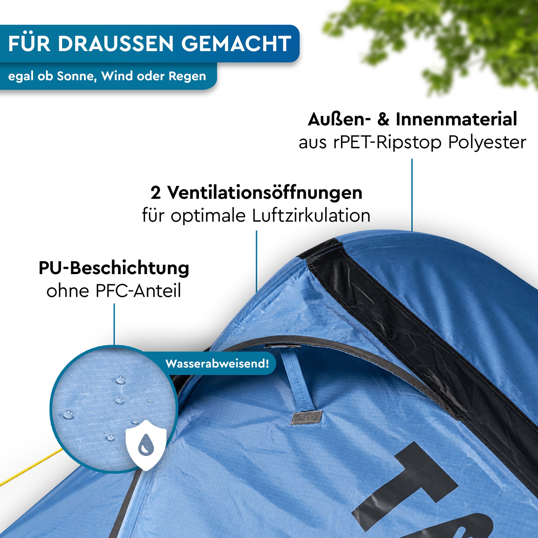 Blaues KUTIR-Trekkingzelt aus PET-Ripstop-Polyester mit zwei Belüftungsöffnungen und wasserabweisender PU-Beschichtung. - KUTIR 2.1 | 2 Personen Leichtgewichts-Trekkingzelt - Tambu Outdoor