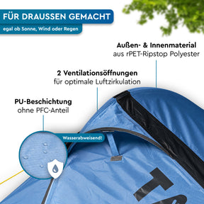 Blaues KUTIR-Trekkingzelt aus PET-Ripstop-Polyester mit zwei Belüftungsöffnungen und wasserabweisender PU-Beschichtung. - KUTIR 2.1 | 2 Personen Leichtgewichts-Trekkingzelt - Tambu Outdoor