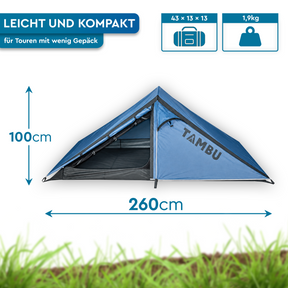 Kompaktes blau-graues Tunnelzelt von vorn, mit 260 cm Länge, 100 cm Höhe und 1 kg Gewicht. - KUTIR 2.1 | 2 Personen Leichtgewichts-Trekkingzelt - Tambu Outdoor