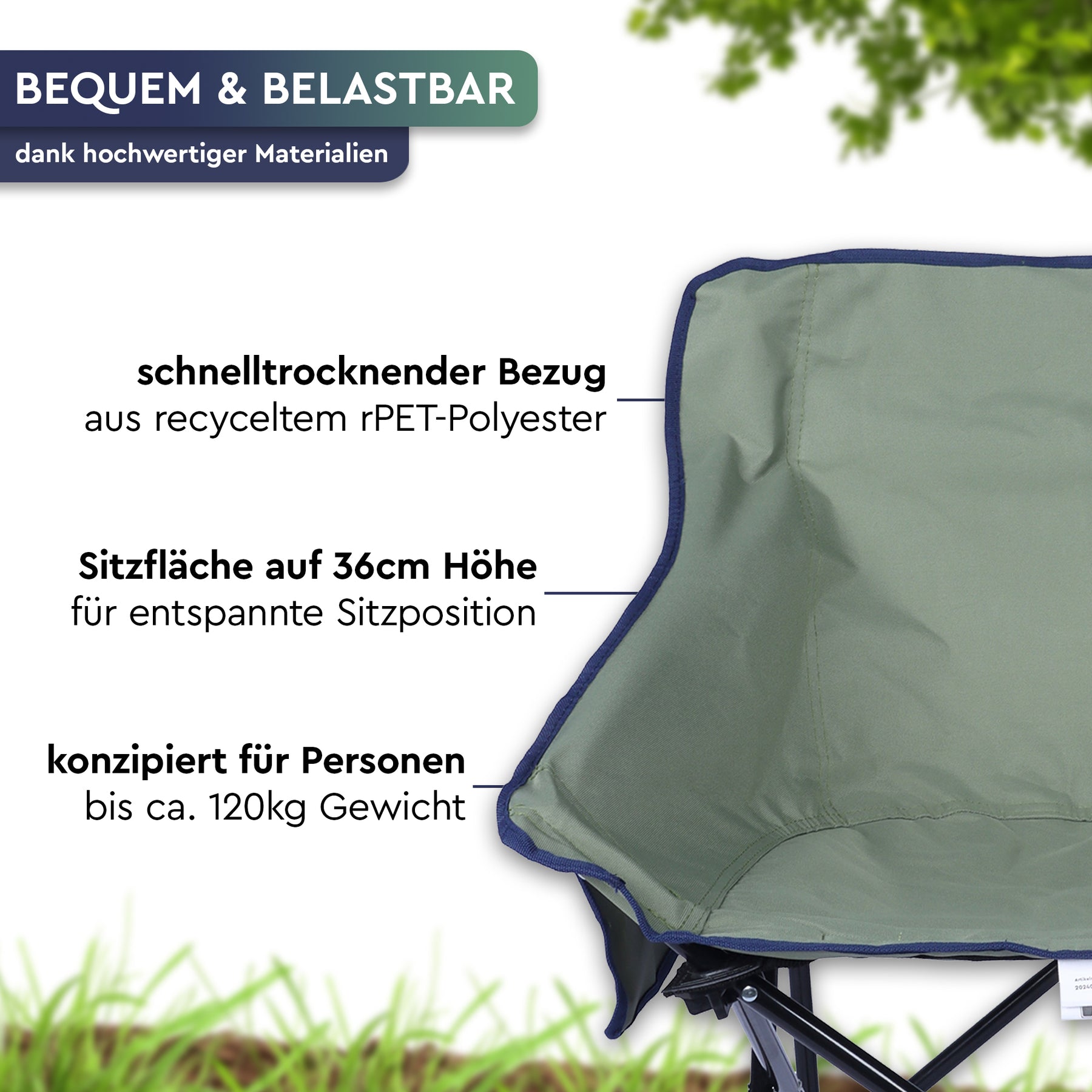 Graugrüner Camping-Faltstuhl mit Stoffbezug, schwarzem Metallgestell und breiter Sitzfläche auf einer Wiese. - LAJA | Camping-Faltstuhl - Tambu Outdoor