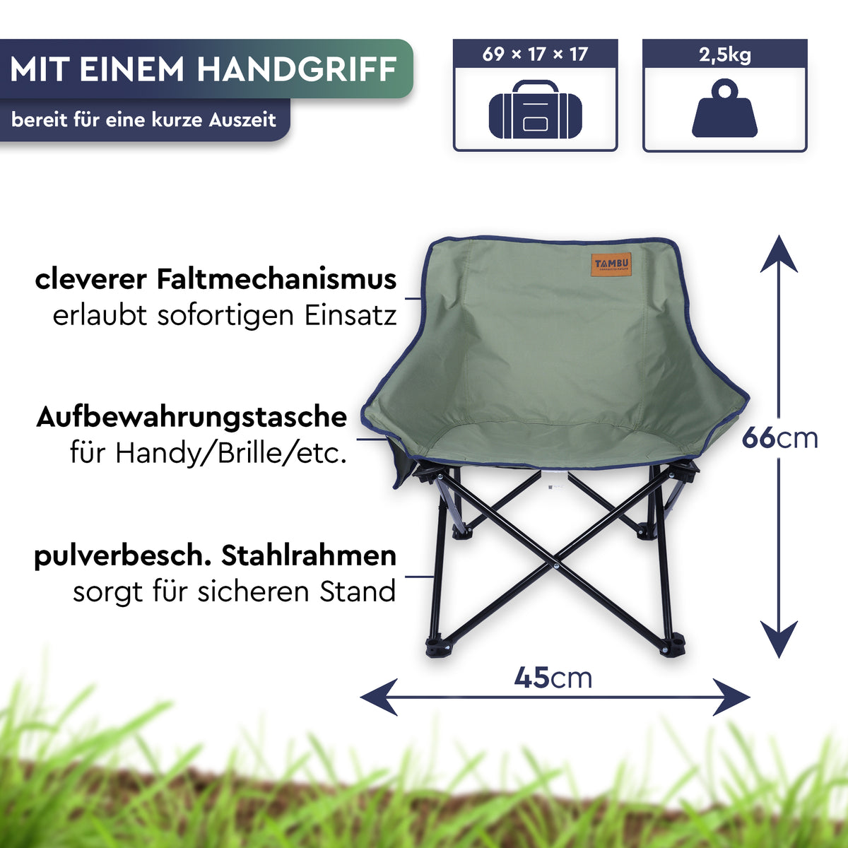 Kompakter, olivgrüner Camping-Faltstuhl aus Textilgewebe mit schwarzem Stahlrahmen und Handgriff; 66 cm hoch. - LAJA | Camping-Faltstuhl - Tambu Outdoor