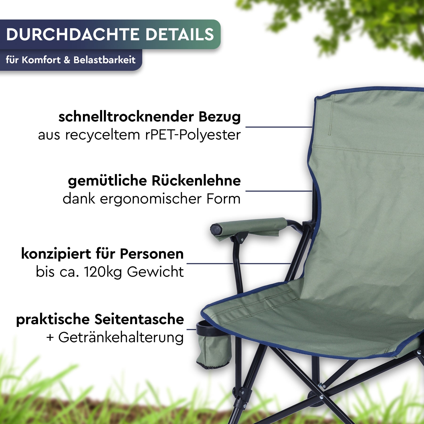 Grüner Camping-Faltstuhl mit grauem Polyesterbezug, hoher Rückenlehne, Armlehnen und Seitentasche. - NADIRA | Camping-Faltstuhl - Tambu Outdoor