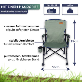 Grüner Camping-Faltstuhl aus Polyester mit Armlehnen, schwarzem Stahlrahmen und praktischem Tragegriff. - NADIRA | Camping-Faltstuhl - Tambu Outdoor