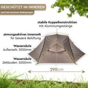 Graues PUSPA-2-Kuppelzelt mit gelben Abspannnähten, Innenzelt und Alugestänge; 290 cm lang. - PUSPA 2 | 2-Personen Trekking-Kuppelzelt - Tambu Outdoor